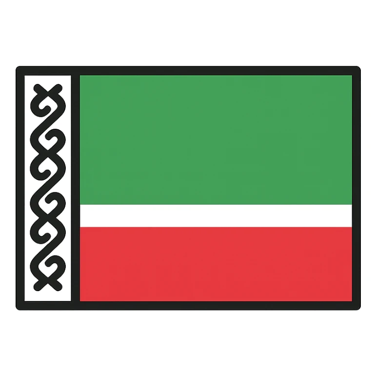 flag of Chechnya, horizontal tricolor with green, white, and red stripes, vertical white stripe with traditional Chechen pattern on hoist side, clean flat style sticker