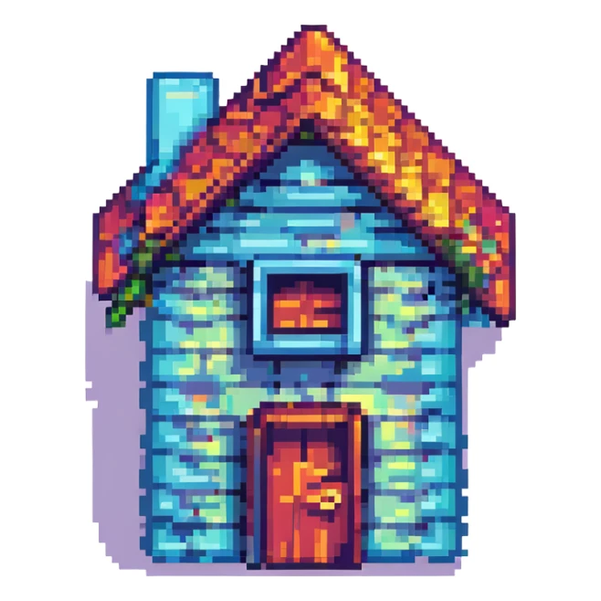 A cute pixel art house icon for a game, vibrant colors, detailed sticker