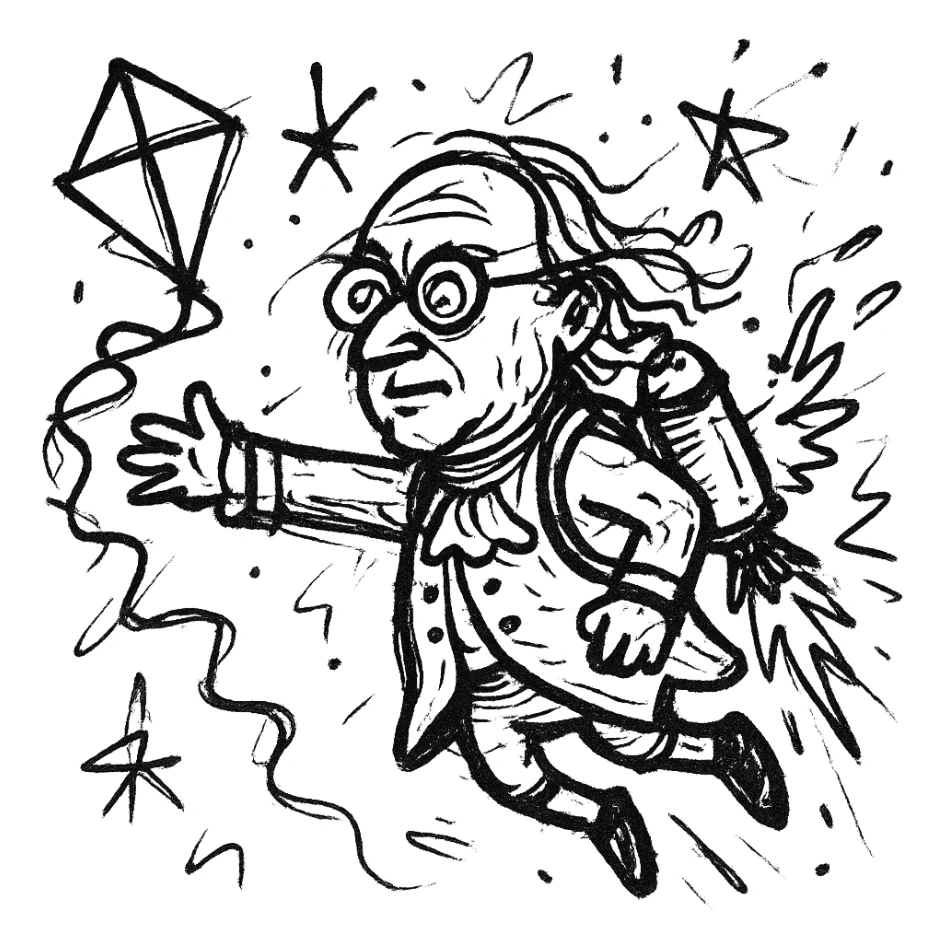 Ben Franklin with jetpack, left hand holding diamond kite, right arm out as if flying, minimalist black outline, slightly chaotic lines sticker