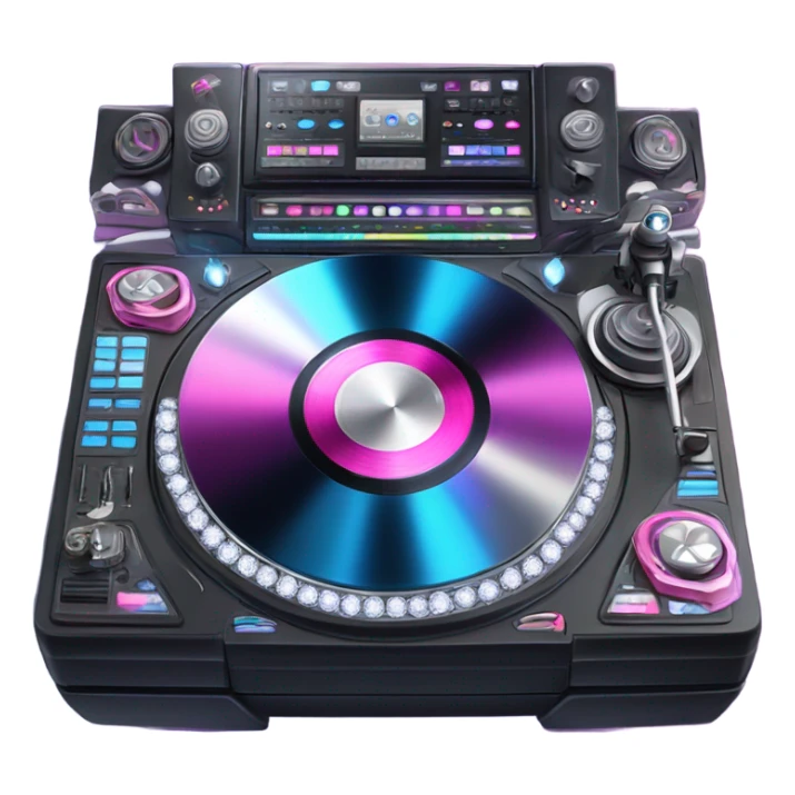 Realistic DJ turntable setup with pink,blue,and purple sparkling diamonds and rhinestones on it. sticker