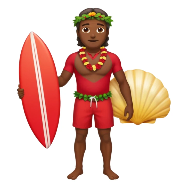 50 year old dark Hawaiian surfer with red shorts and a shell lei surfer  sticker