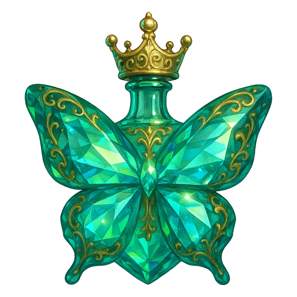 very close to original: crystal elegant butterfly-shaped bottle with short neck, princess crown, green and blue colors, many glowing facets, ornaments, golden details, transparent background, bottle clearly floating in air with no base or shadow sticker