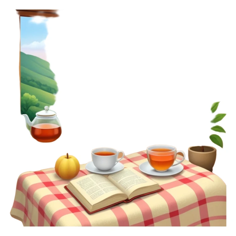 Small self-care objects: cup of tea, journal, fresh fruits, soft blanket, nature window view, gentle sunlight, pastel and warm tones, calm and mindful atmosphere, digital art  sticker
