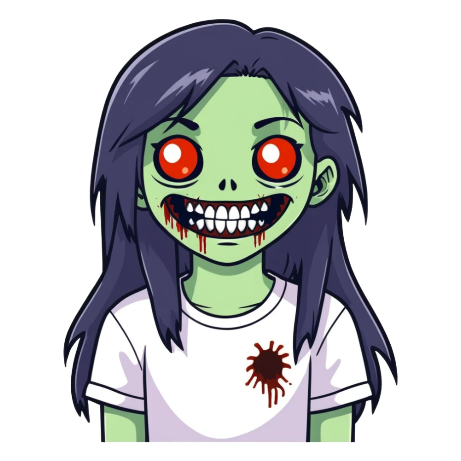 girl zombie with black long hair with teeth sticker