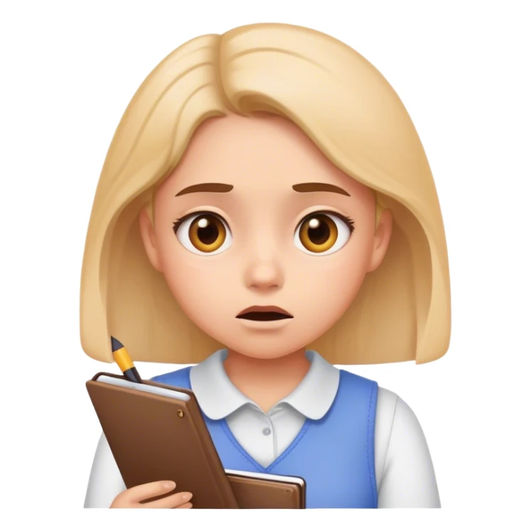 muslim girl writing in notebook with difficulty, with confusion, emoji question sticker