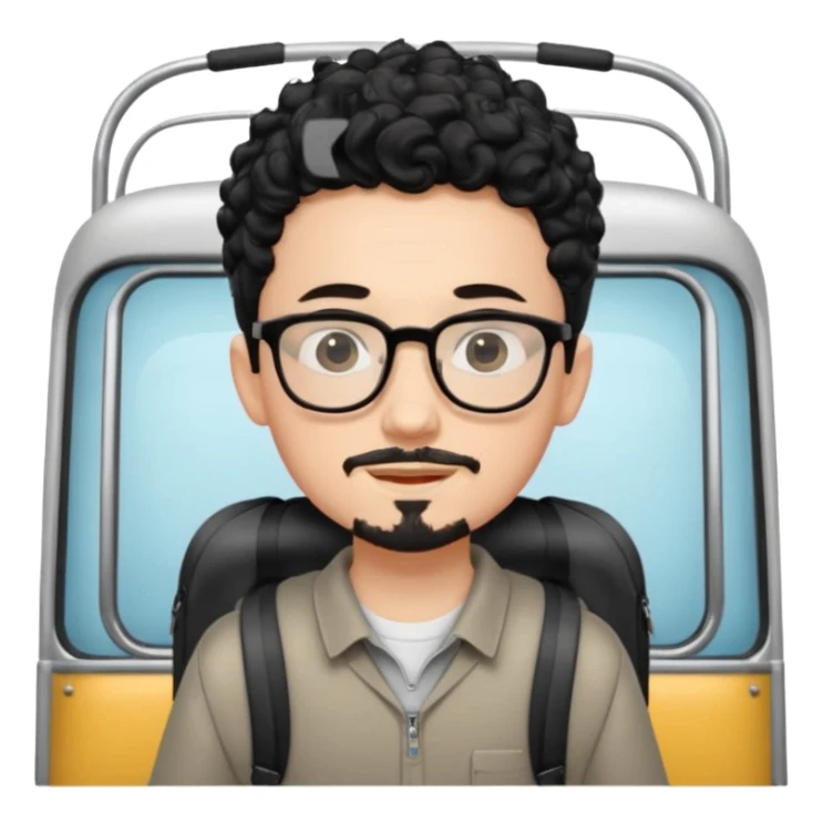 A young boy DEVELOPER WITH A backpack, black curly short hair, wearing glasses, a thin goatee, his skin is white, riding a scholar bus sticker