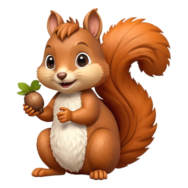 A 3D cartoon squirrel holding an acorn, fluffy tail curled up, orange-brown fur, happy face, soft natural light, Memoji-style look. sticker