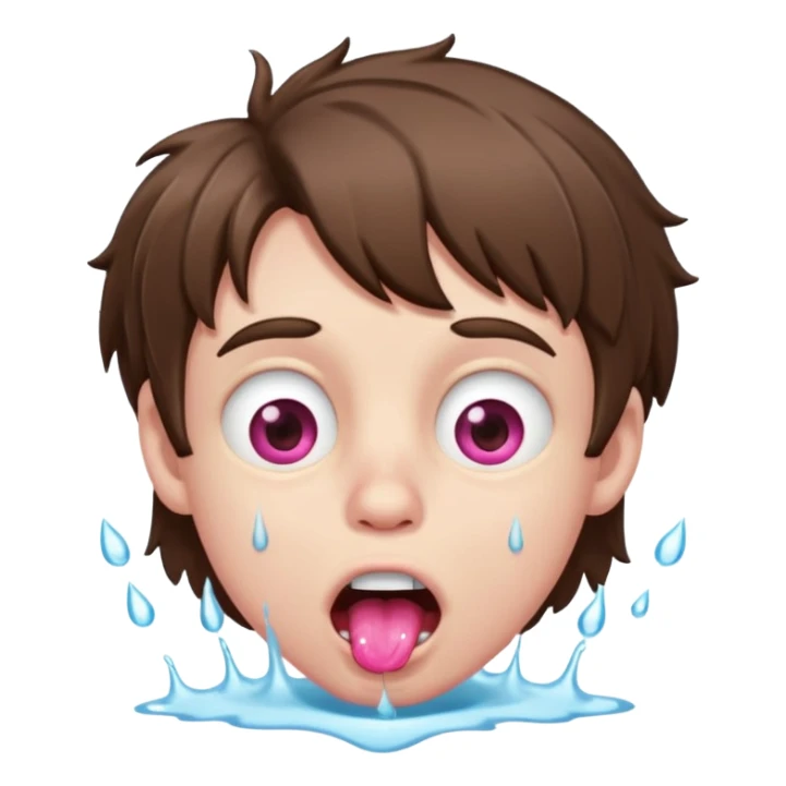 Pale Boy with shaggy brown hair, pink eyes rolled back, mouth open , water drop dripping from lips sticker
