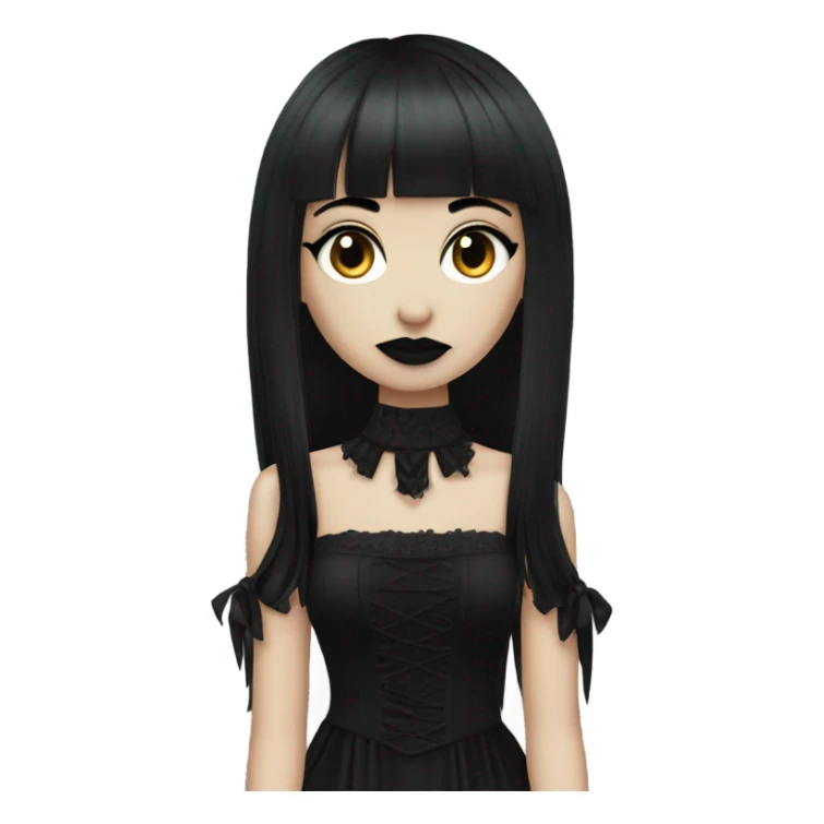 one single goth women, dark hair, long hair, short bangs, dark makeup, gothic detailed dress sticker