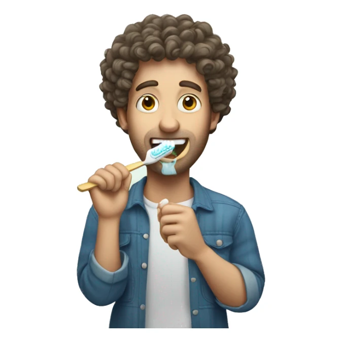 White man with curly hair brushing his teeth sticker