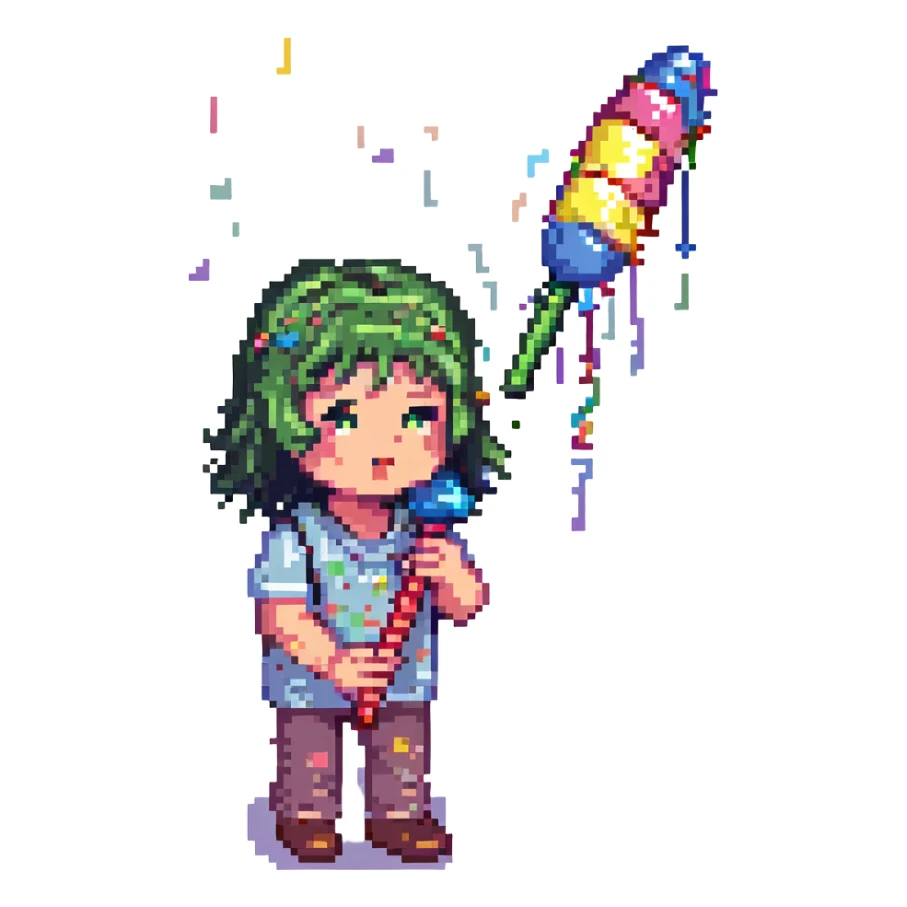 a pixel art noob with a party blower, surrounded by confetti but looking lost and forsaken sticker