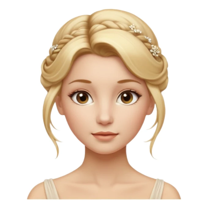 Cinematic Realistic Rococo Portrait, depicted with lifelike skin texture, subtle rosy undertones, and soft natural lighting that enhances the gentle contours of her face. Her intricately detailed golden blonde hair is elegantly styled in an updo, with delicate wisps framing her face.  sticker
