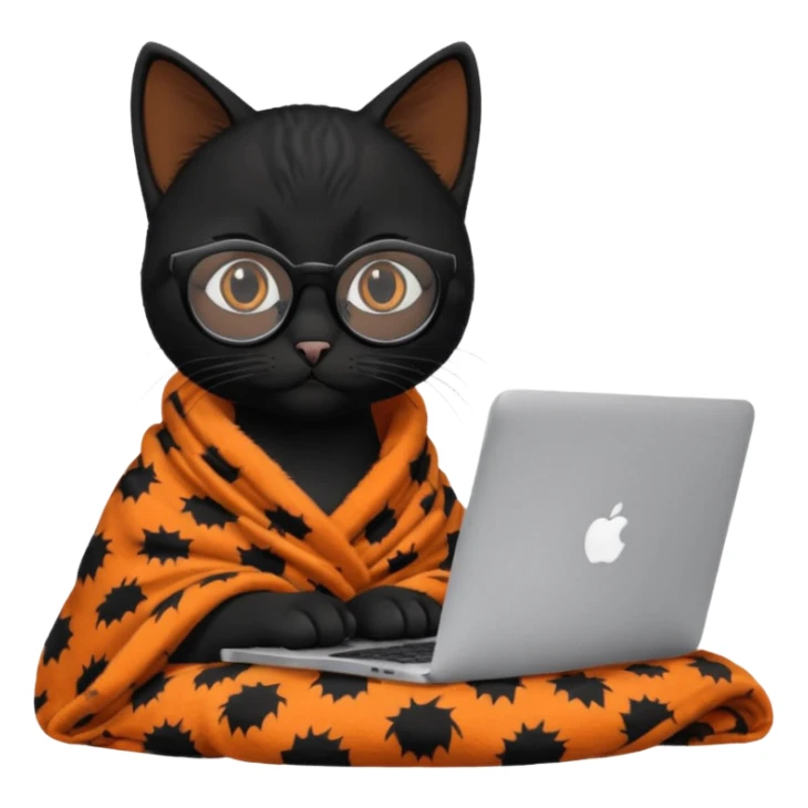 A black female cat working on a MacBook, with long, black straight lashes, round glasses and she wears a blanket with an orange pattern sticker
