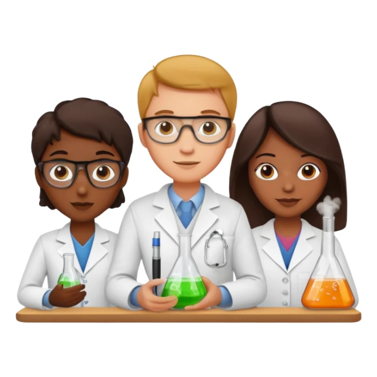 Three chemist: one organic chemist, one inorganic chemist and one theoretical chemist – each one with a typical item for their field of study (and not an erlenemeyer flask) sticker