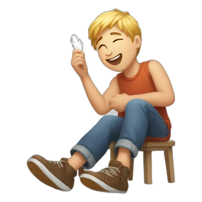 Laughing boy having his feet tickled with a feather sticker