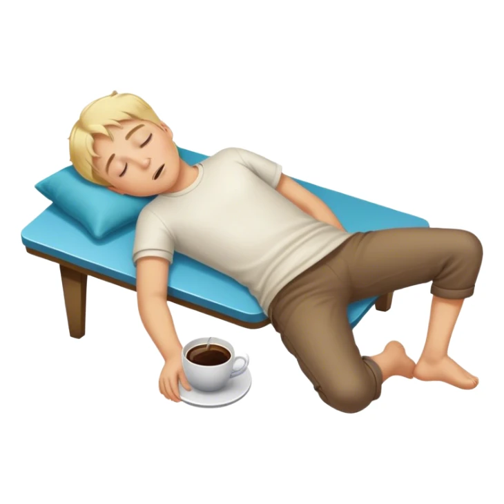 Boy with blond hair lying on the floor asleep after falling through a coffee table sticker