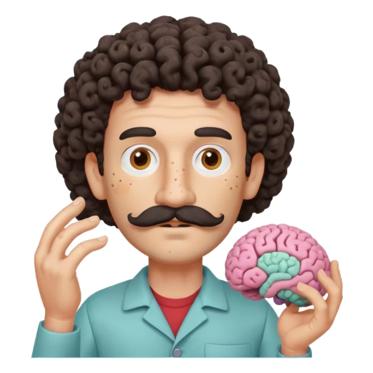 Enhance the claymation man holding a brain by adding more depth and dimension to the image. Make him more attractive and quirky, inspired by the first version, with dark curly hair, thick mustache, light skin, freckles, more movement, claymation style, visible fingerprints, and pastel colors. sticker