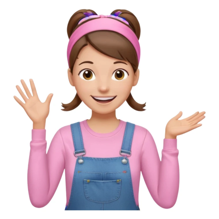 preschool teacher with brown hair pulled up in high ponytail and light pink thin width headband. Has a pink t-shirt with denim overalls. enthusiastic expression with big smile sticker