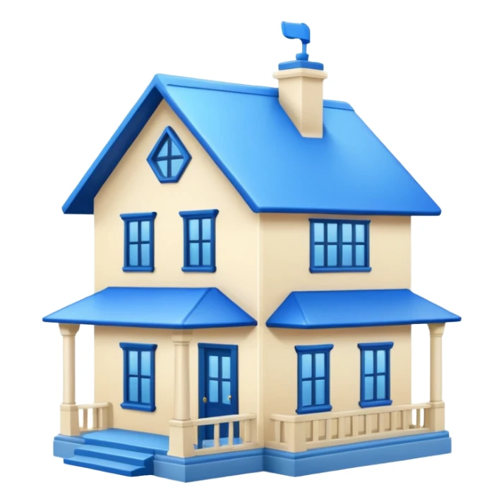 a creamy-colored house with blue trim and a blue roof sticker