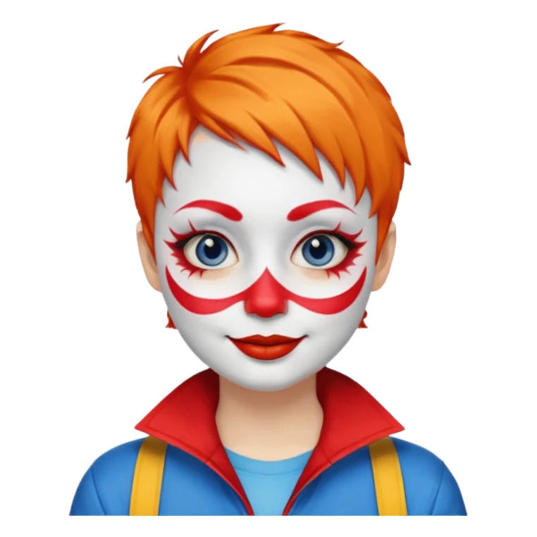 Orange short hair.

White face paint with blue eye makeup and a red nose.

Bright smile with red lips.

Wearing a red jacket over a yellow shirt. sticker
