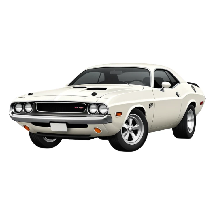 All-white 1971 Dodge Challenger from Tarantino's Death Proof, stylized iOS emoji look, clean white finish, iconic muscle car silhouette, simplified details sticker