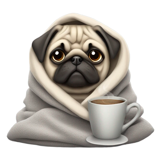 dog pug in a gray blanket with a cup of coffee sticker
