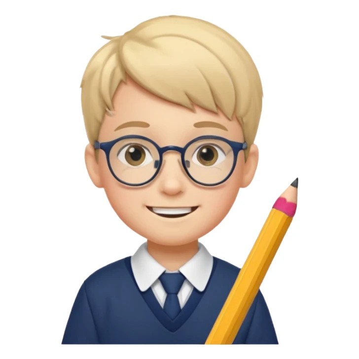 boy kid with glasses → holding a pencil with school uniform sticker
