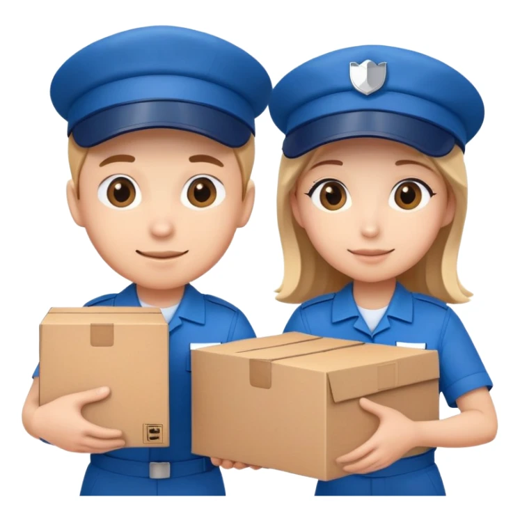 two suppliers in blue uniforms and caps holding a big box together, different pose sticker