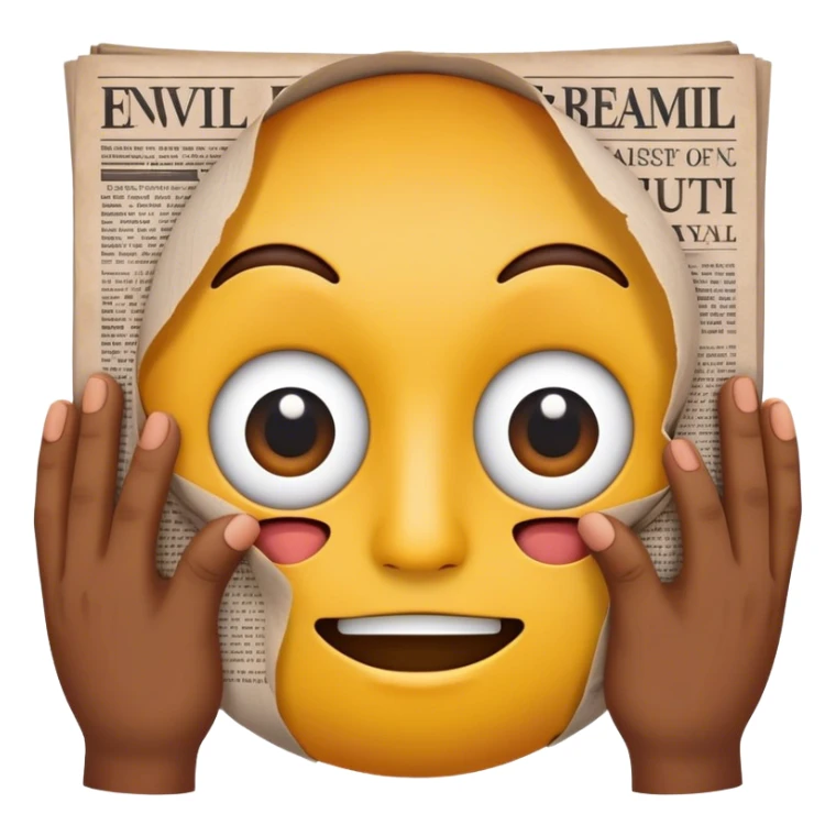 generate a yellow-circle face emoji of a newspaper being held by two hands on the sides and has eye holes cut out for the face's eyes to peak through sticker