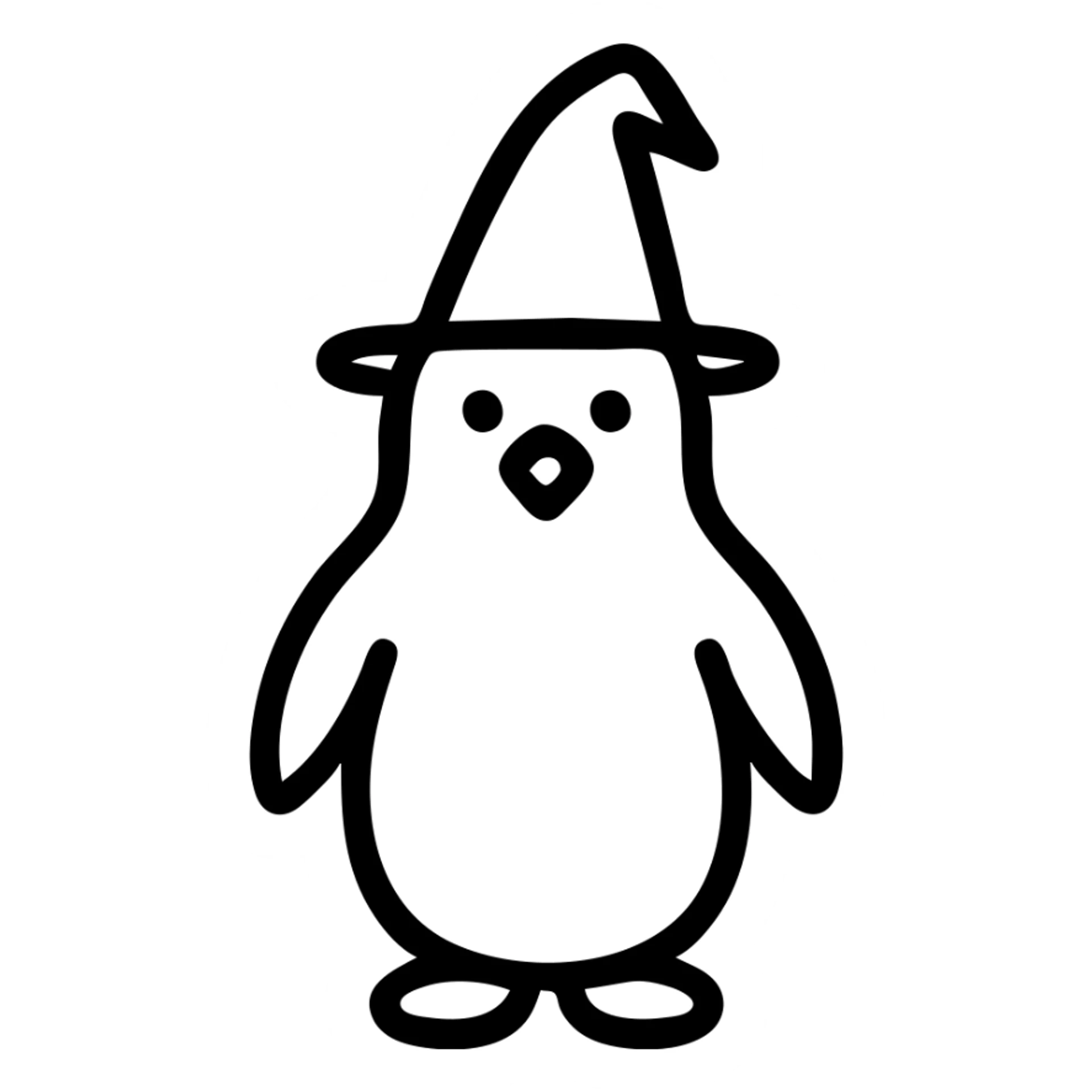 penguin wizard, outlined icon style, simple and bold, with a wizard hat sticker