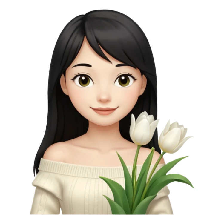 girl with long black hair, thin bangs, black eyes, cream off-shoulder sweater, smiling, holding white tulips sticker