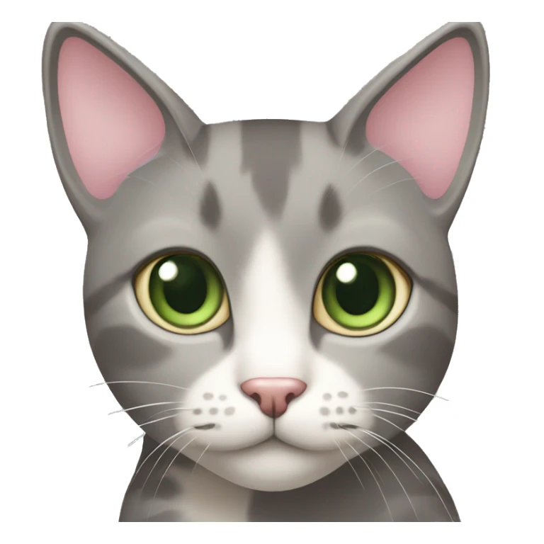 grey and tan cat with cream pattern on her forehead. Green eyes and a pink nose sticker