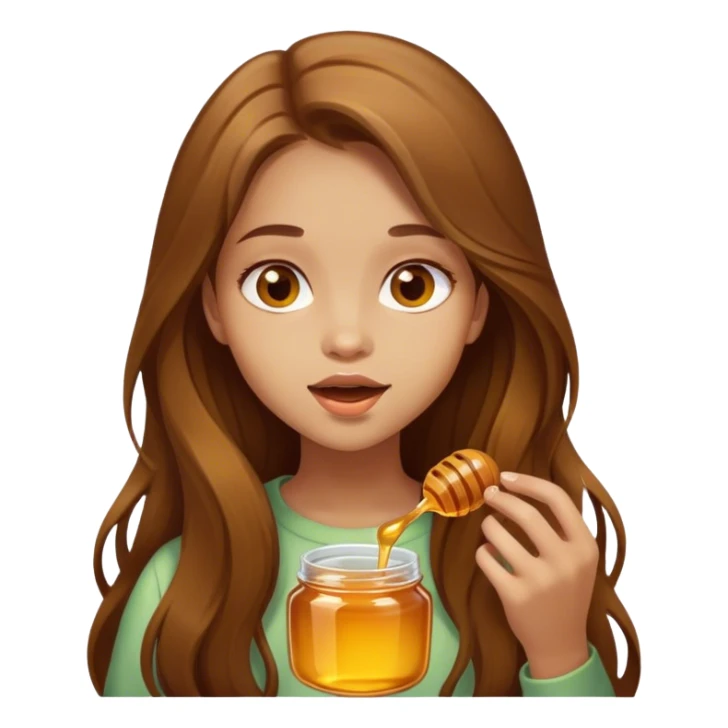 Girl, brown long hair, eating honey sticker