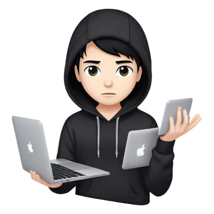 hackeur blanc cheveux noir et capuche noir avec un macbook sticker
