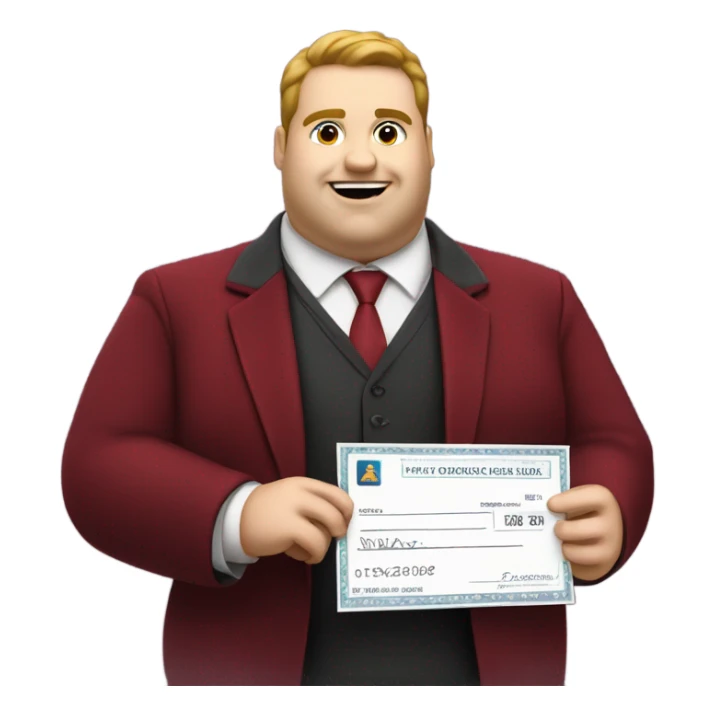 fat guy in dark red velvet suit holding cheque sticker
