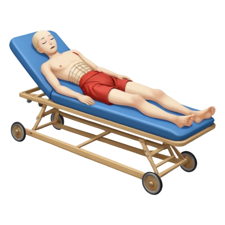 human figure, oriental appearance, full length, lying down, with injuries on an old stretcher, 1980 sticker