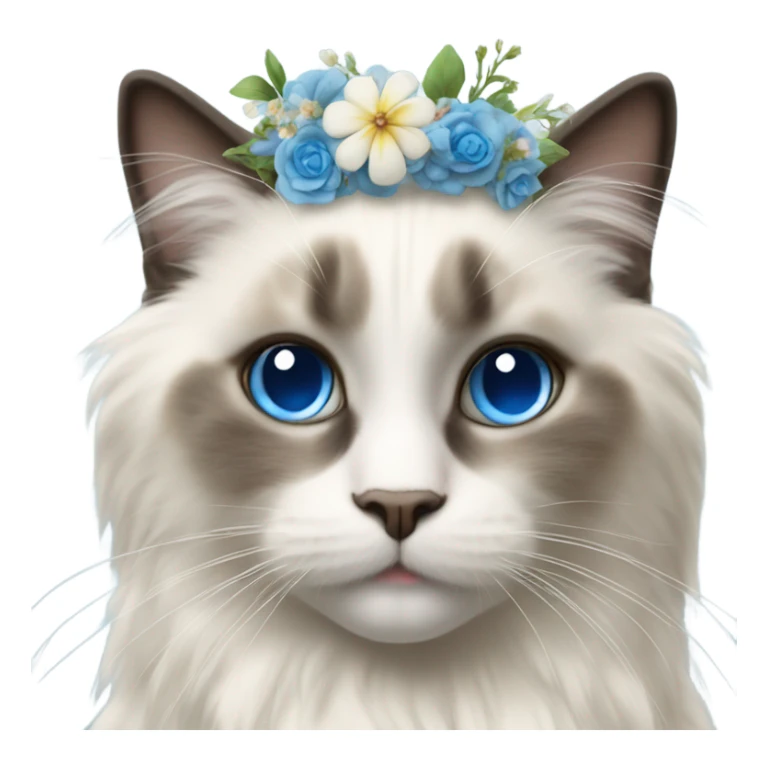 Realistic ragdoll cat with blue eyes wearing flowers  sticker