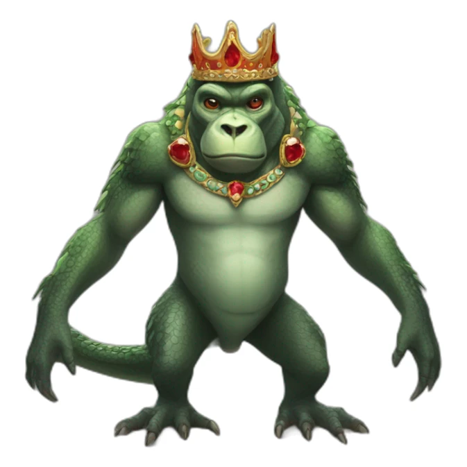 A creature that has a handsome human head with a jeweled crown and a gorilla's body, kangaroo arms, frog legs, a crocodile tail, and red dragon wings. sticker