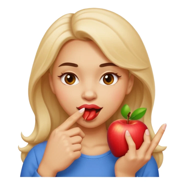 woman biting finger coquettishly, playful expression, Apple emoji style sticker