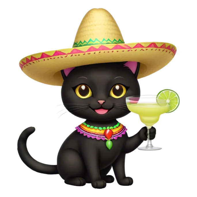 black cat wearing sombrero smiling with margarita in hand sticker