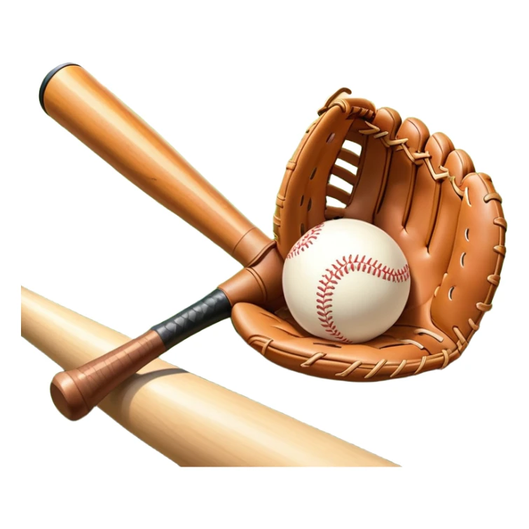 A baseball bat, ball, and glove resting on the ground, set against the backdrop of a baseball field. The scene captures the iconic equipment of the sport, with the field in the distance and a bright sky above, evoking the spirit of the game. sticker