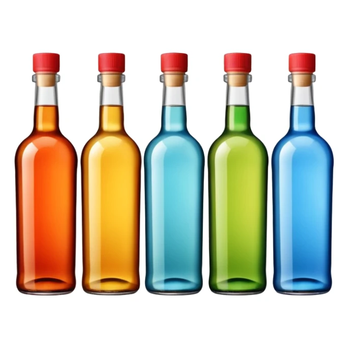 Four bottles of alcohol without labels, each with distinct shapes, arranged neatly in a row. The bottles should vary in color and size, with detailed caps. sticker