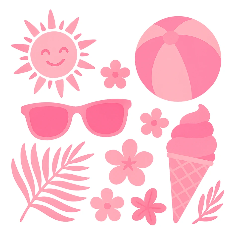 pink summer theme, bright and warm summer elements with pink hues, no background sticker