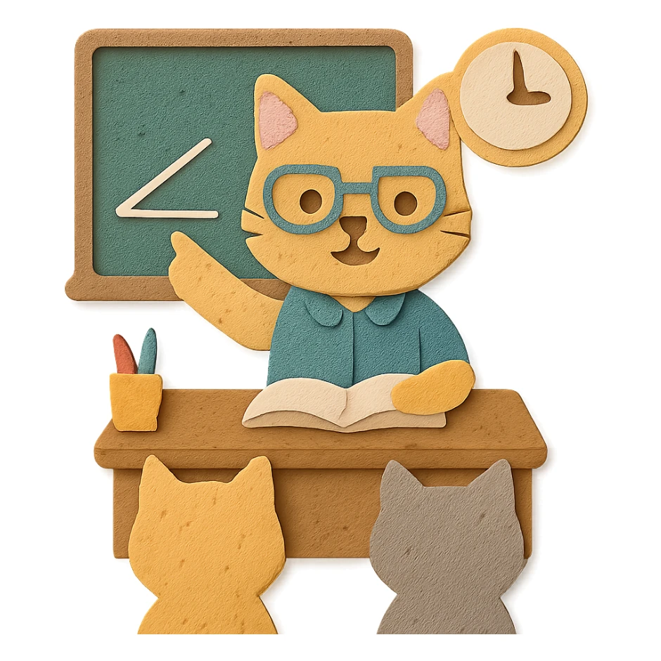 cat teacher sitting at a desk explaining to students, wearing glasses, classroom props visible, cute and charming style, paper craft style sticker