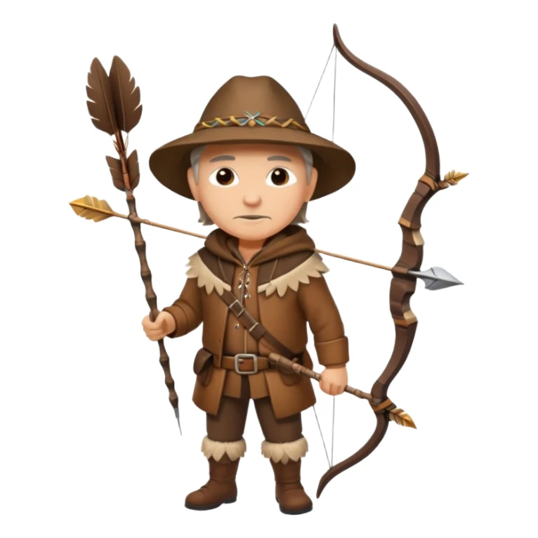 A classic middle-aged hunter, carrying a bow and arrow, dressed in brown clothes, and adorned with decorations made of feathers or bone teeth
 sticker