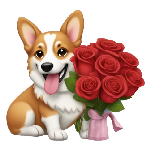 Red rose bouquet with a happy corgi sticker