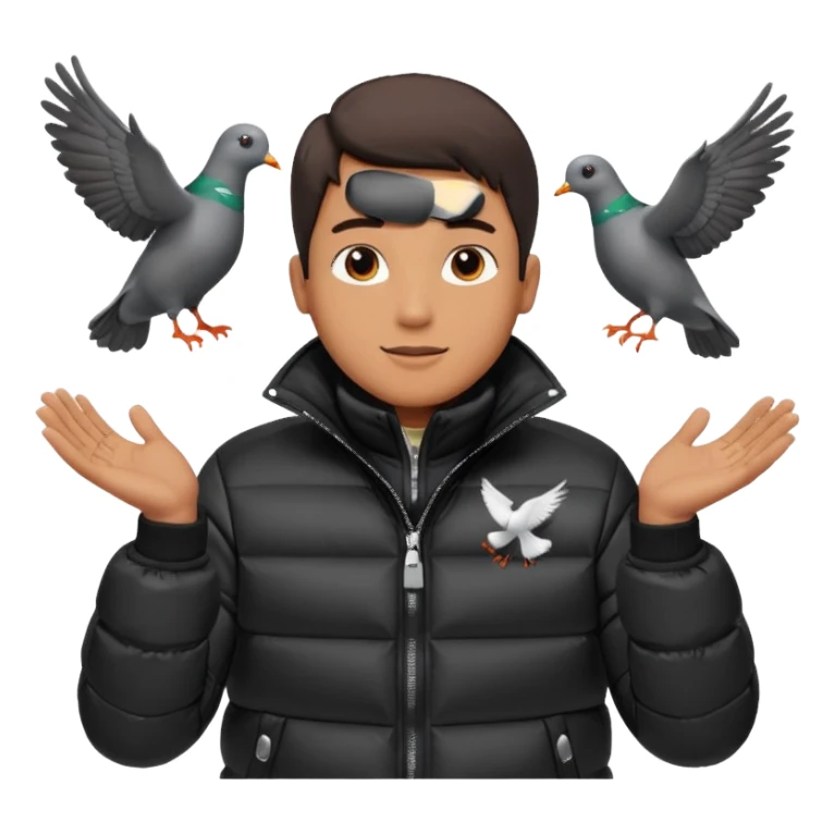 puffer shiny black jacket man open arms looking at a flying pigeon sticker