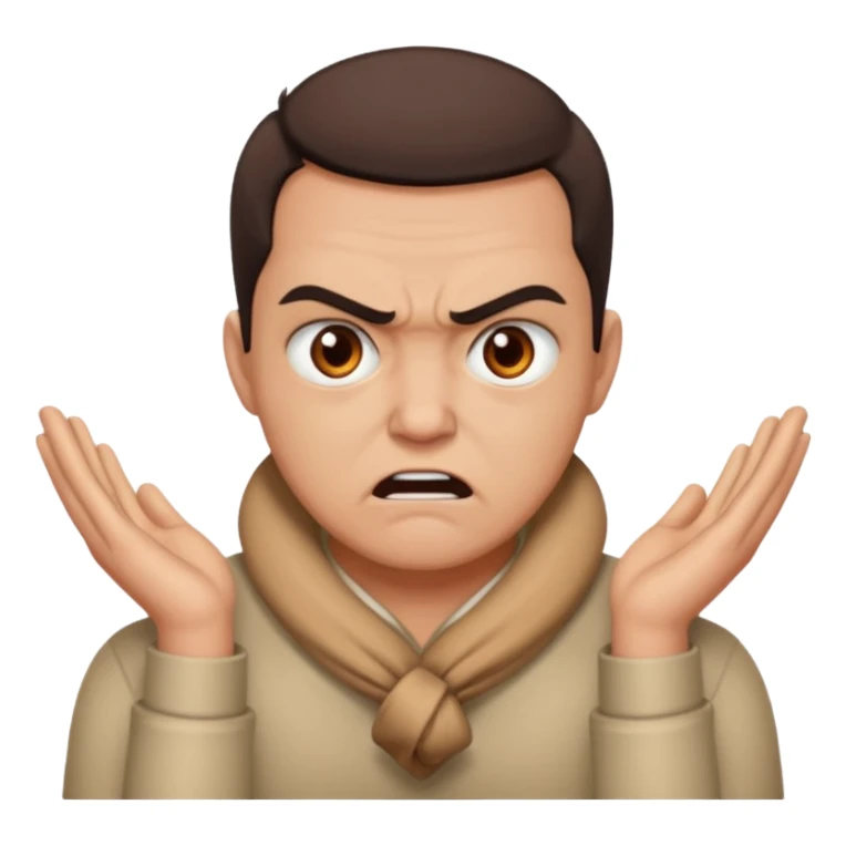 a bust of a person with both their hands around their neck with a angry face sticker