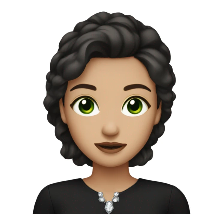 Medium complexion brunette with green eyes wearing a black blouse with crystals sticker