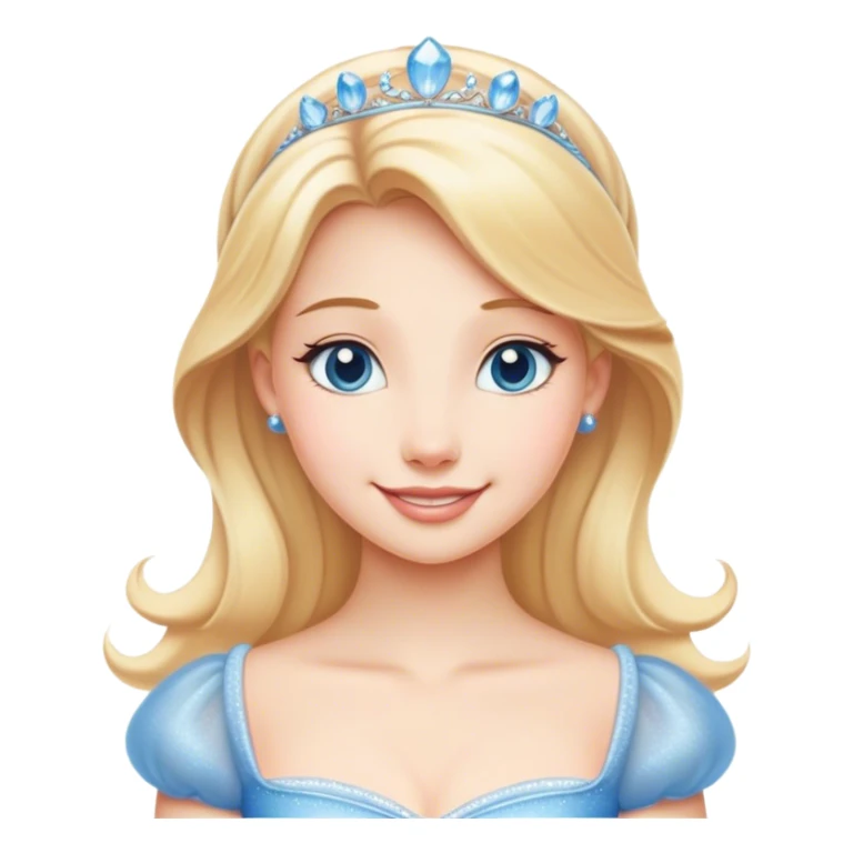 Cinematic Radiant Cinderella Portrait Emoji, rendered in a clean vector-style with bold proportions. Show Cinderella with a warm, serene smile, fair skin, and lustrous blonde hair, wearing a simple yet elegant dress that shimmers with gentle light. The image glows with an inviting, soft radiance and high shine, embodying timeless beauty. sticker